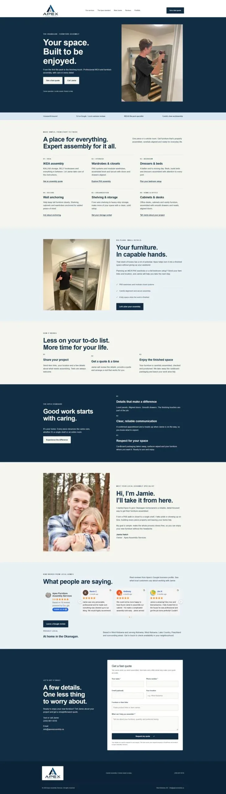 Apex Assembly website, with Jamie assembling furniture beside the main headline