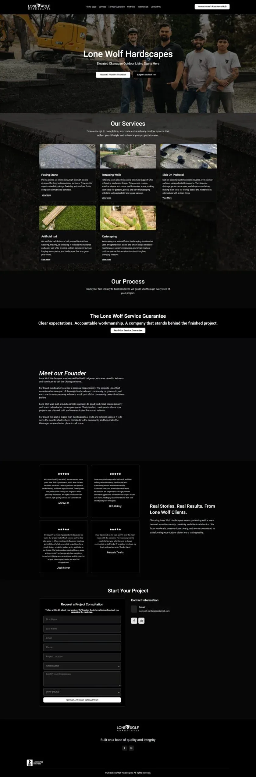 Lone Wolf Hardscapes website, with the team photo and paving stone and retaining wall services